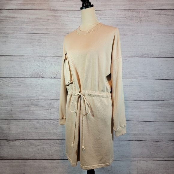 MISSGUIDED Pocket Detail Tie Waist Sweater Mini Dress Cream Tan Size 4 - Picture 9 of 12